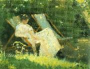 Peter Severin Kroyer kunstnerens hustru siddende i en havestol i deres have pa skagen